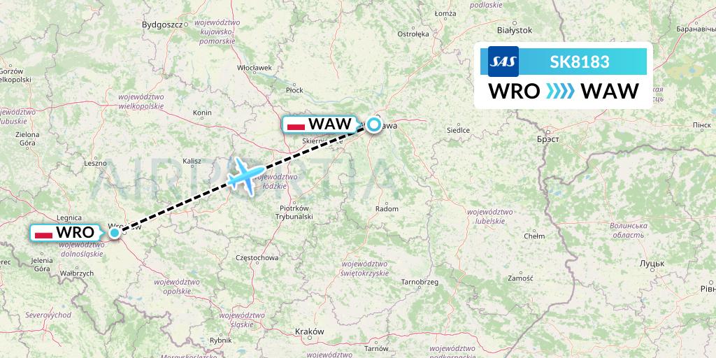 SK8183 SAS Flight Map: Wroclaw to Warsaw