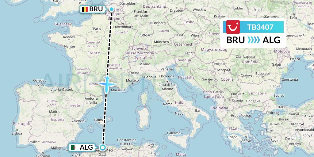 TB3407 TUI fly Belgium Flight Map: Brussels to Algiers