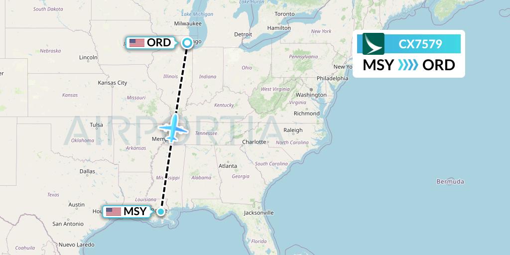 CX7579 Cathay Pacific Flight Map: New Orleans to Chicago