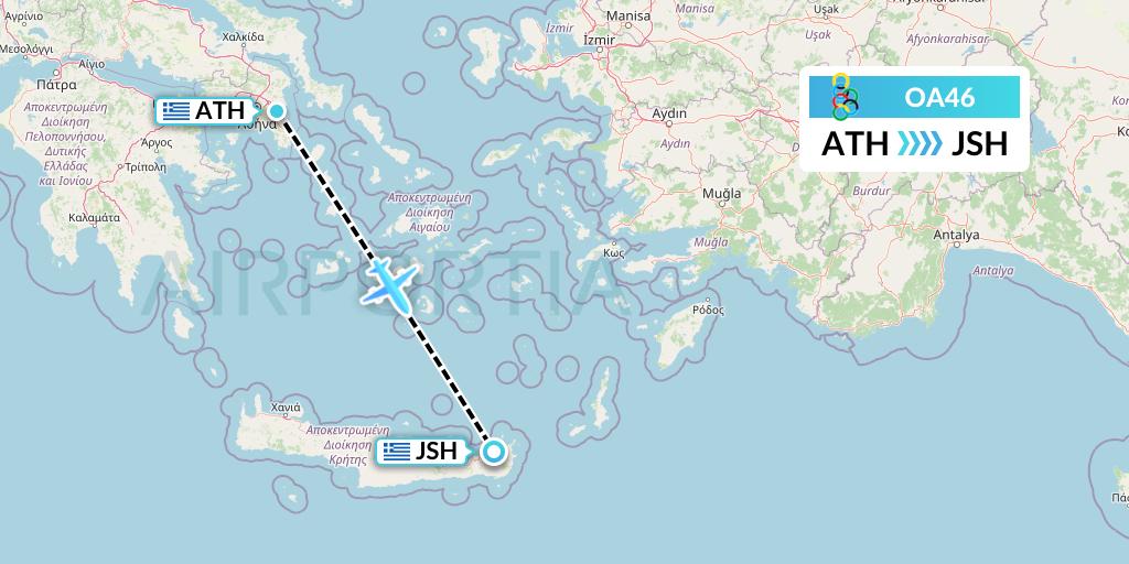 OA46 Olympic Air Flight Map: Athens to Sitia