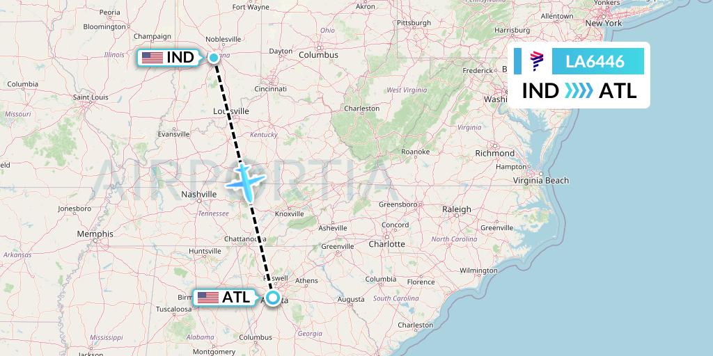 LA6446 LAN Airlines Flight Map: Indianapolis to Atlanta