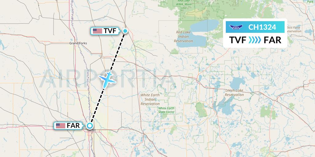 CH1324 Bemidji Airlines Flight Map: Thief River Falls to Fargo