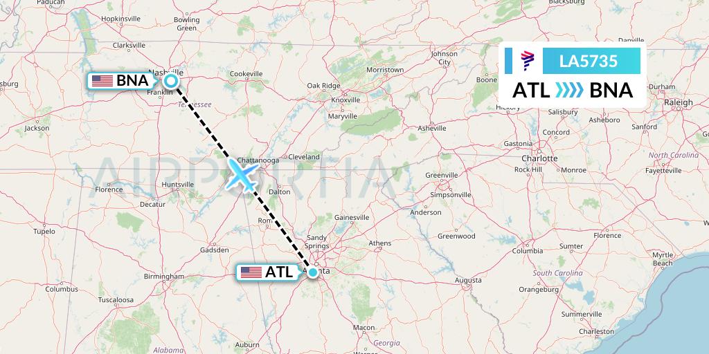 LA5735 LAN Airlines Flight Map: Atlanta to Nashville