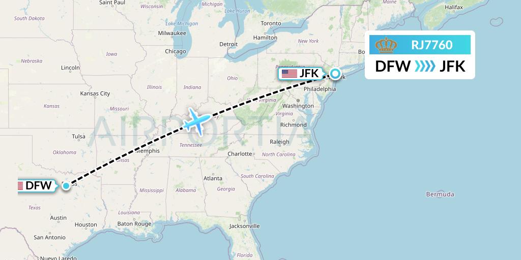 RJ7760 Royal Jordanian Flight Map: Dallas to New York