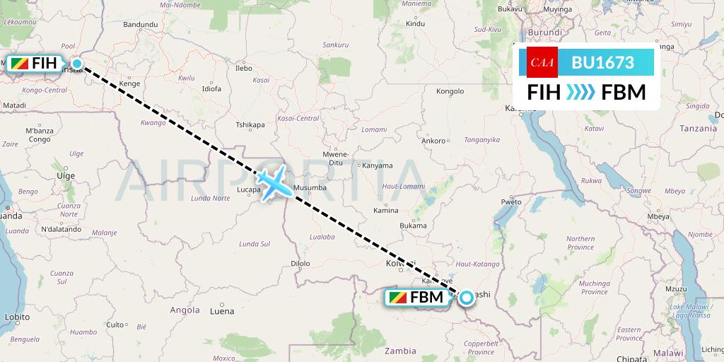 BU1673 flyCAA Flight Map: Kinshasa to Lubumbashi