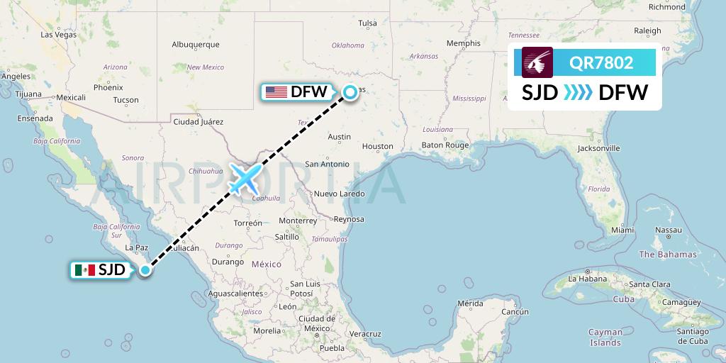 QR7802 Qatar Airways Flight Map: San Jose del Cabo to Dallas