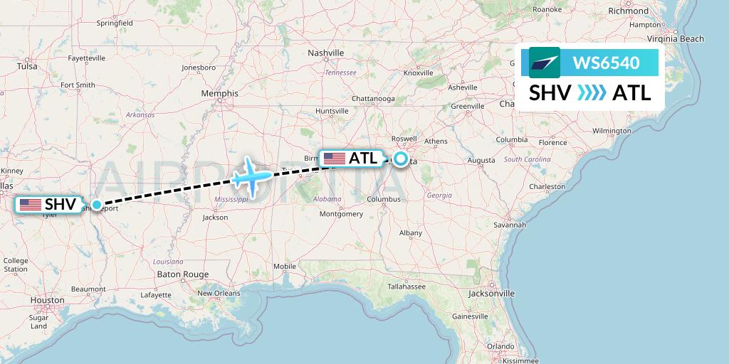 WS6540 WestJet Flight Map: Shreveport to Atlanta