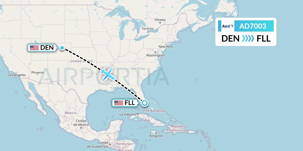 AD7003 Azul Brazilian Airlines Flight Map: Denver to Fort Lauderdale