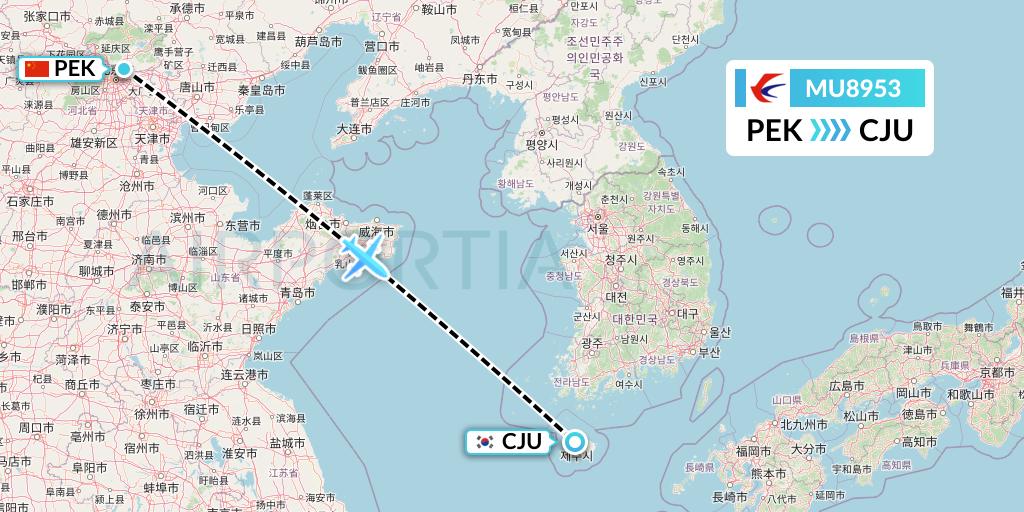 MU8953 China Eastern Airlines Flight Map: Beijing to Jeju