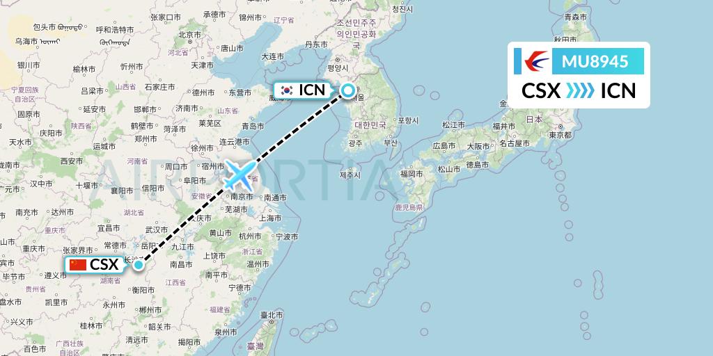 MU8945 China Eastern Airlines Flight Map: Changsha to Seoul