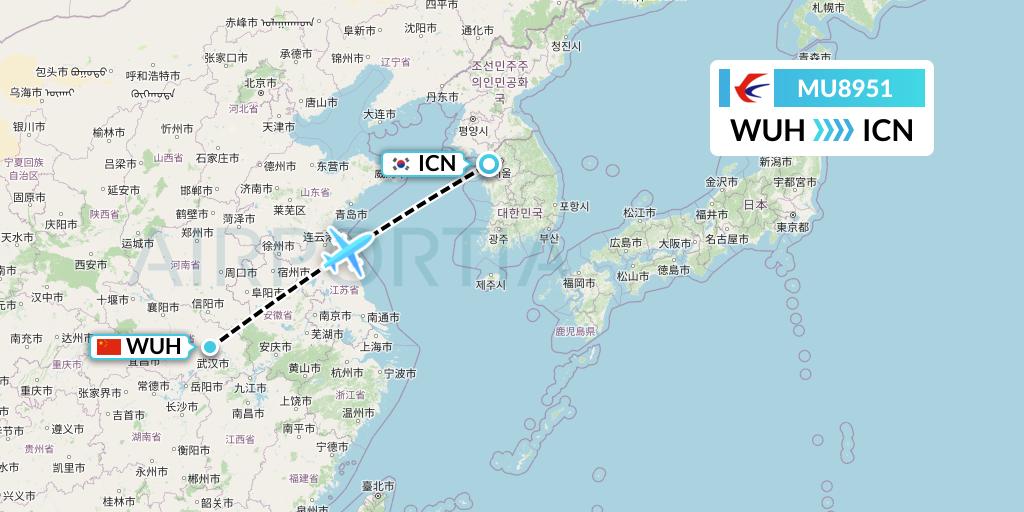 MU8951 China Eastern Airlines Flight Map: Wuhan to Seoul