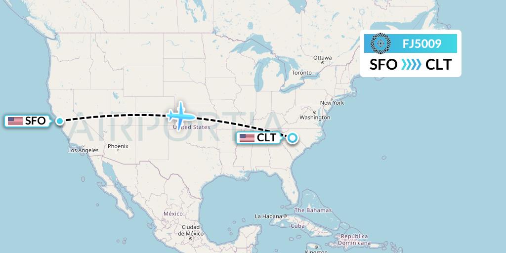 FJ5009 Fiji Airways Flight Map: San Francisco to Charlotte