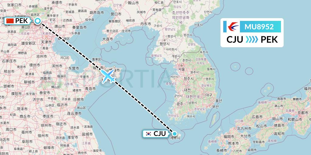 MU8952 China Eastern Airlines Flight Map: Jeju to Beijing
