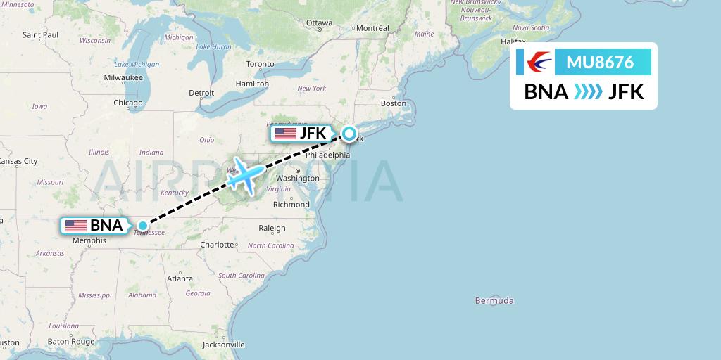 MU8676 China Eastern Airlines Flight Map: Nashville to New York