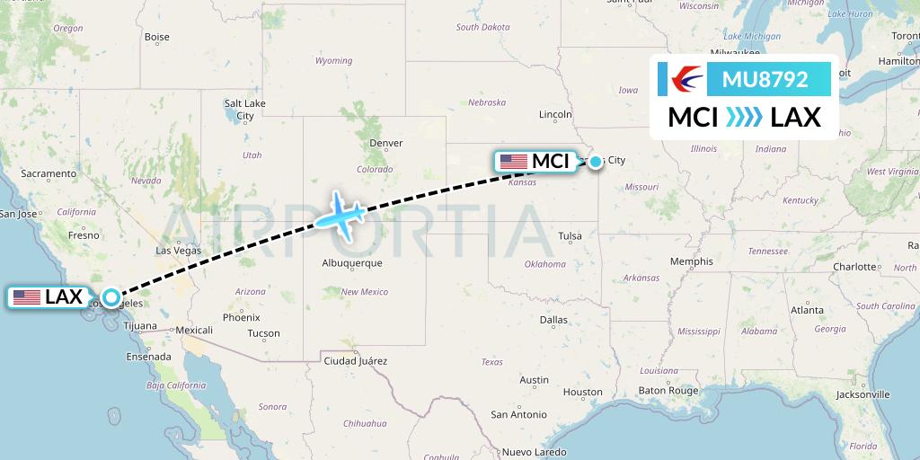 MU8792 China Eastern Airlines Flight Map: Kansas City to Los Angeles