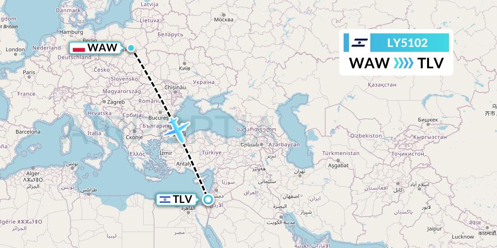 LY5102 El Al Flight Map: Warsaw to Tel Aviv