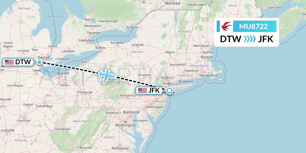 MU8722 China Eastern Airlines Flight Map: Detroit to New York