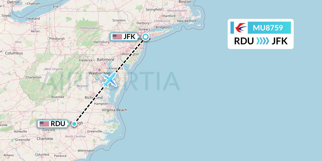 MU8759 China Eastern Airlines Flight Map: Raleigh-Durham to New York