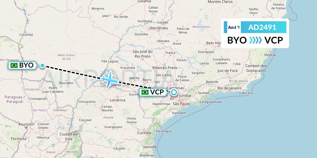 AD2491 Azul Brazilian Airlines Flight Map: Bonito to Campinas