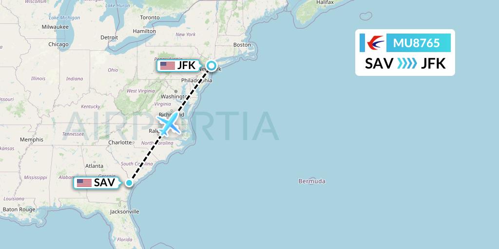 MU8765 China Eastern Airlines Flight Map: Savannah to New York