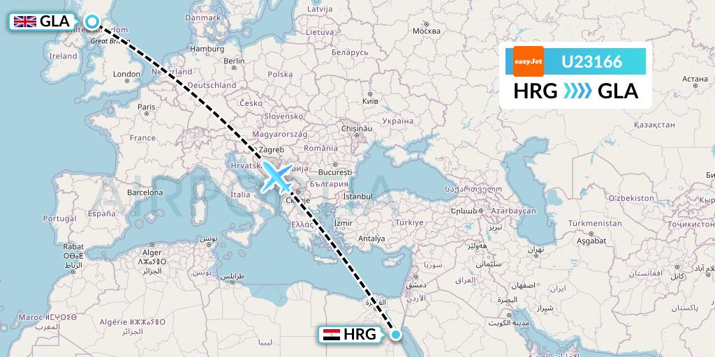 U23166 EasyJet Flight Map: Hurghada to Glasgow