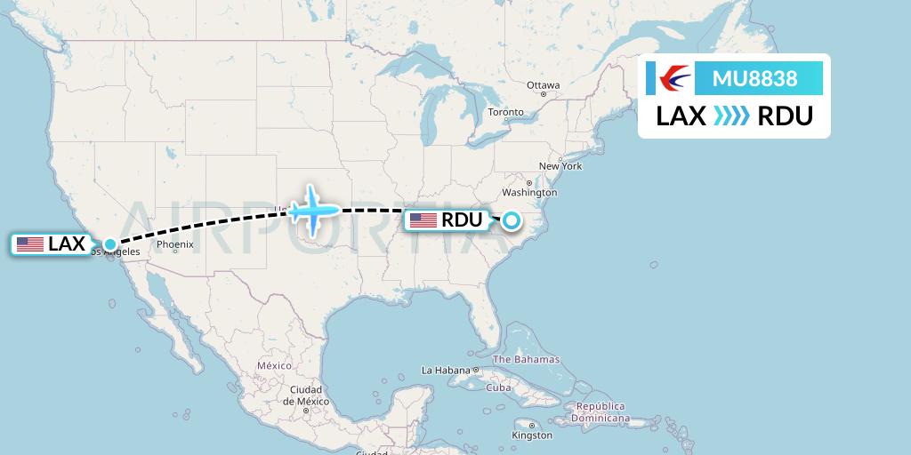 MU8838 China Eastern Airlines Flight Map: Los Angeles to Raleigh-Durham