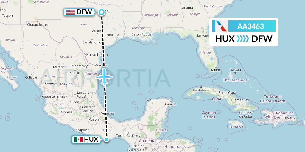 AA3463 American Airlines Flight Map: Huatulco to Dallas