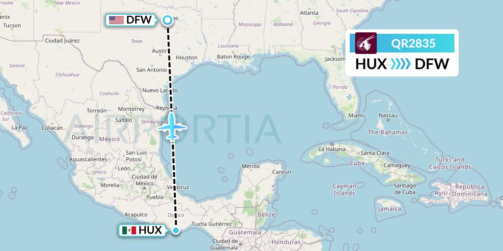 QR2835 Qatar Airways Flight Map: Huatulco to Dallas
