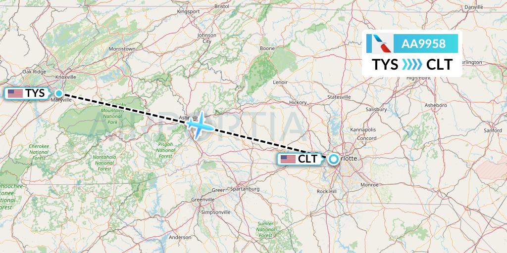 AA9958 American Airlines Flight Map: Knoxville to Charlotte