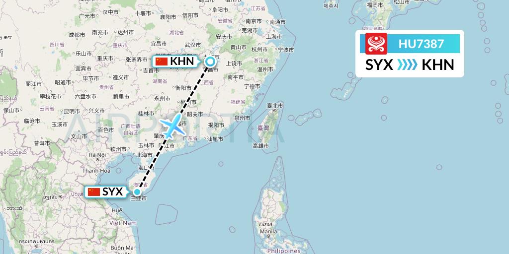 HU7387 Hainan Airlines Flight Map: Sanya to Nanchang