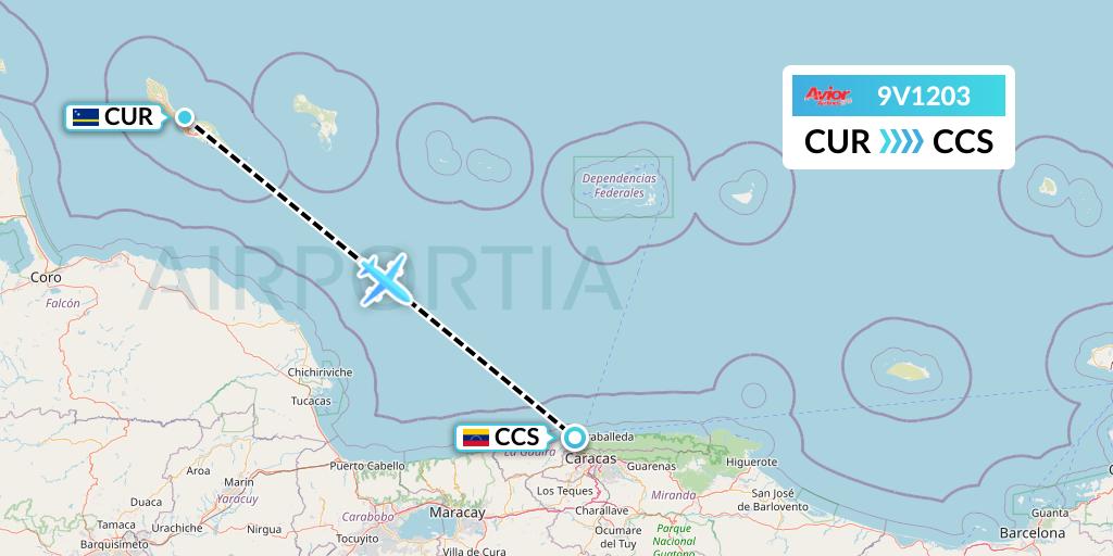 9V1203 Avior Airlines Flight Map: Willemstad to Caracas