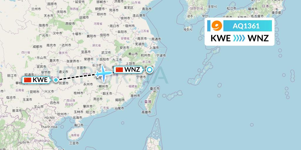 AQ1361 9 Air Flight Map: Guiyang to Wenzhou