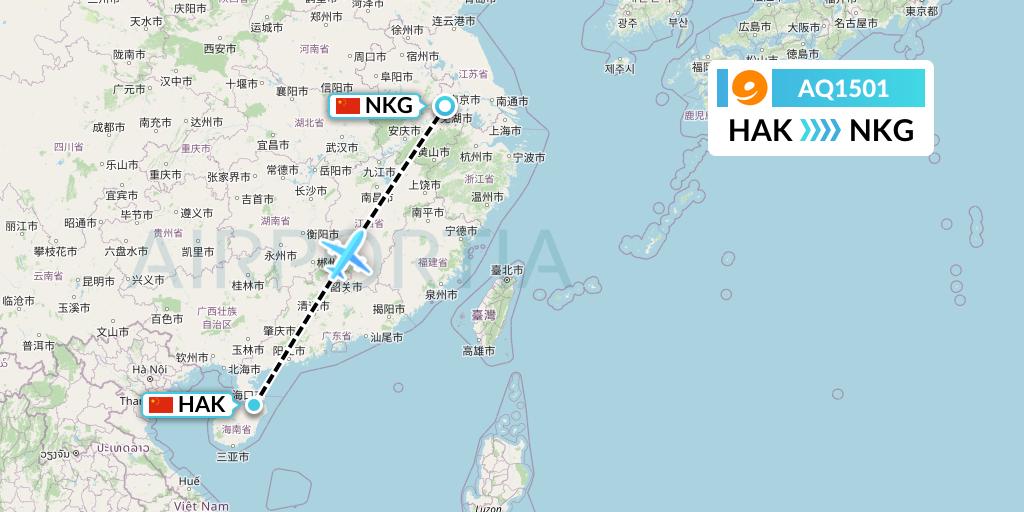 AQ1501 9 Air Flight Map: Haikou to Nanjing