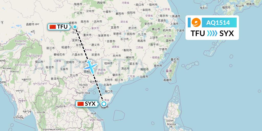 AQ1514 9 Air Flight Map: Chengdu to Sanya