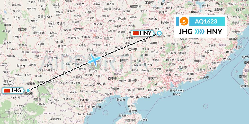 AQ1623 9 Air Flight Map: Jinghong to Hengyang