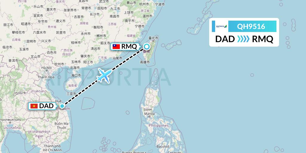 QH9516 Bamboo Airways Flight Map: Da Nang to Taichung