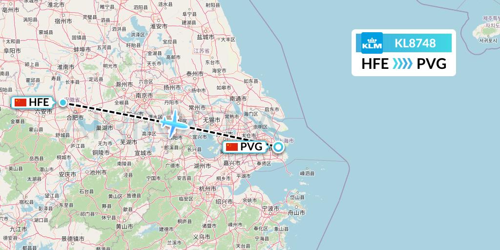 KL8748 KLM Flight Map: Hefei to Shanghai