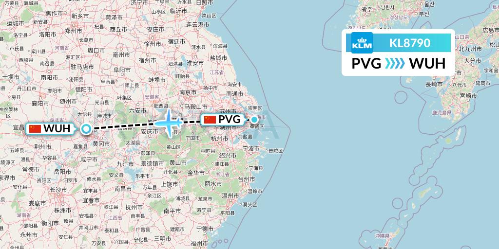 KL8790 KLM Flight Map: Shanghai to Wuhan
