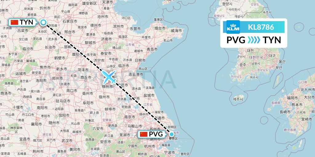 KL8786 KLM Flight Map: Shanghai to Taiyuan