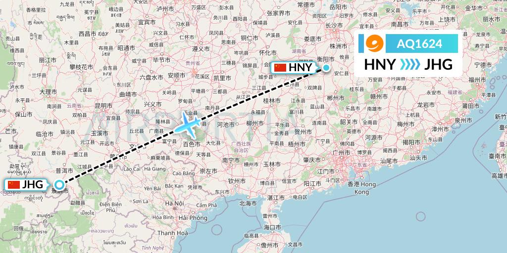AQ1624 9 Air Flight Map: Hengyang to Jinghong