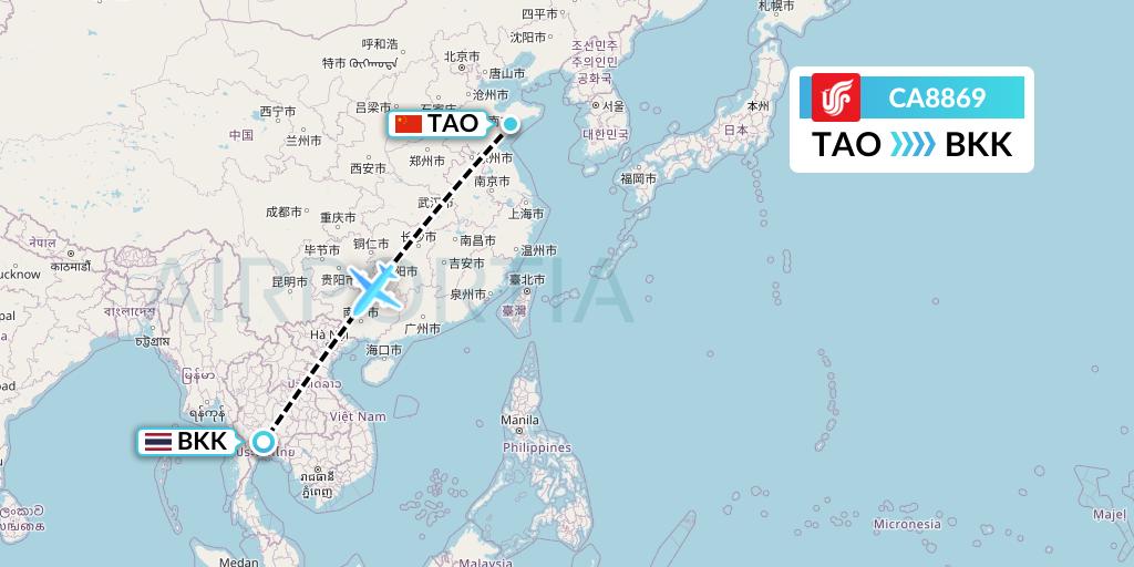 CA8869 Air China Flight Map: Qingdao to Bangkok