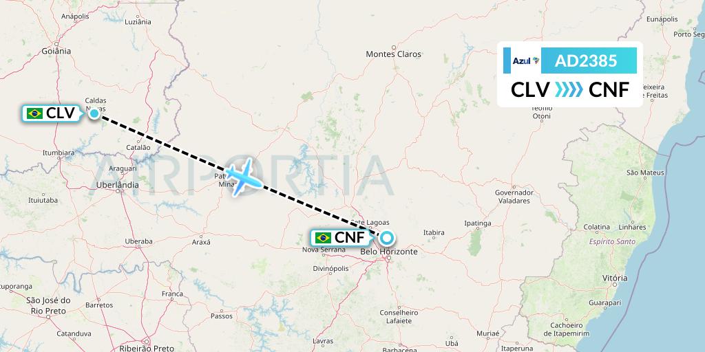 AD2385 Azul Brazilian Airlines Flight Map: Caldas Novas to Belo Horizonte