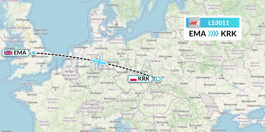 LS3011 Jet2 Flight Map: East Midlands to Krakow