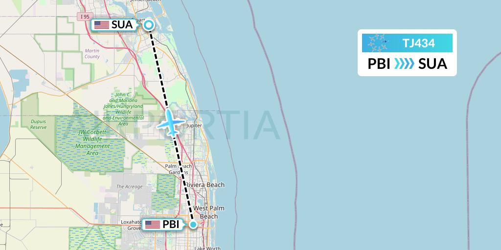 TJ434 Tradewind Aviation Flight Map: West Palm Beach to Stuart