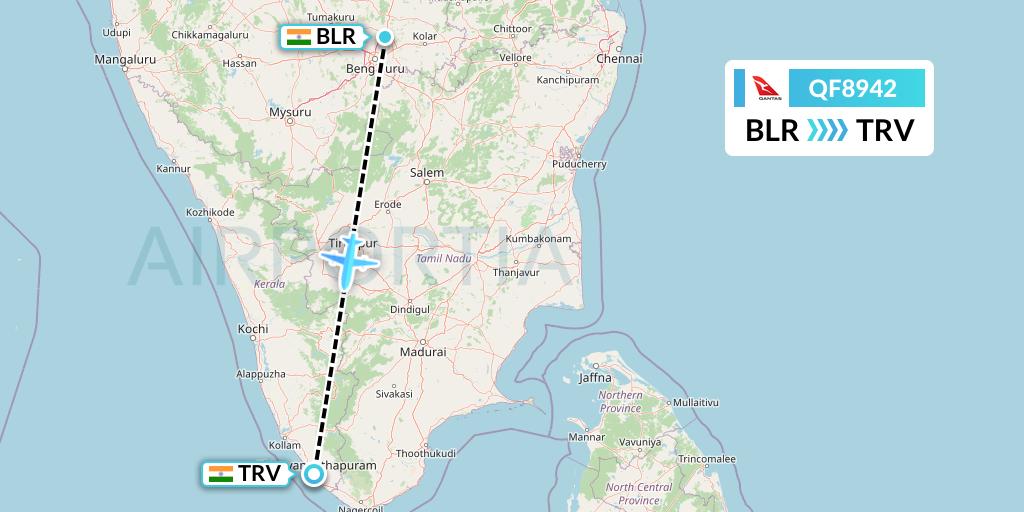 QF8942 Qantas Flight Map: Bangalore to Thiruvananthapuram