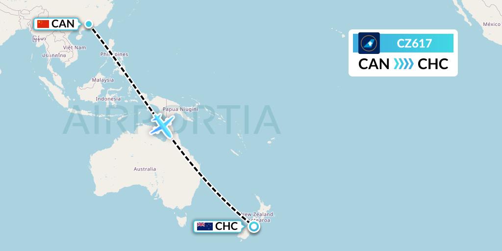 CZ617 China Southern Airlines Flight Map: Guangzhou to Christchurch