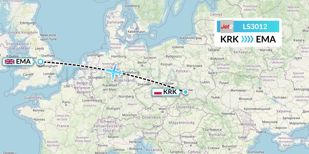 LS3012 Jet2 Flight Map: Krakow to East Midlands