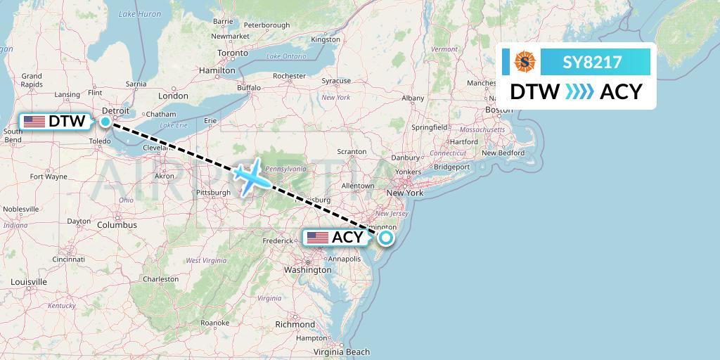 SY8217 Sun Country Airlines Flight Map: Detroit to Atlantic City