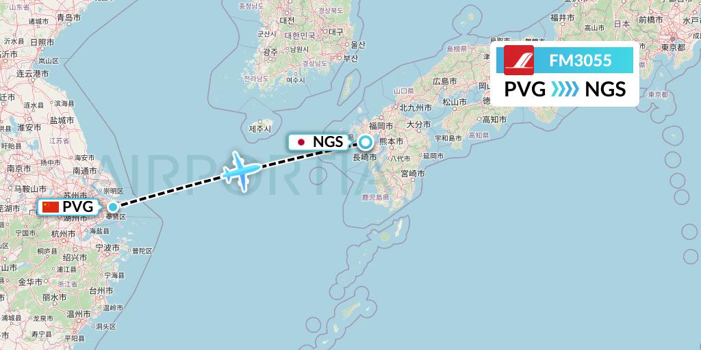 FM3055 Shanghai Airlines Flight Map: Shanghai to Nagasaki