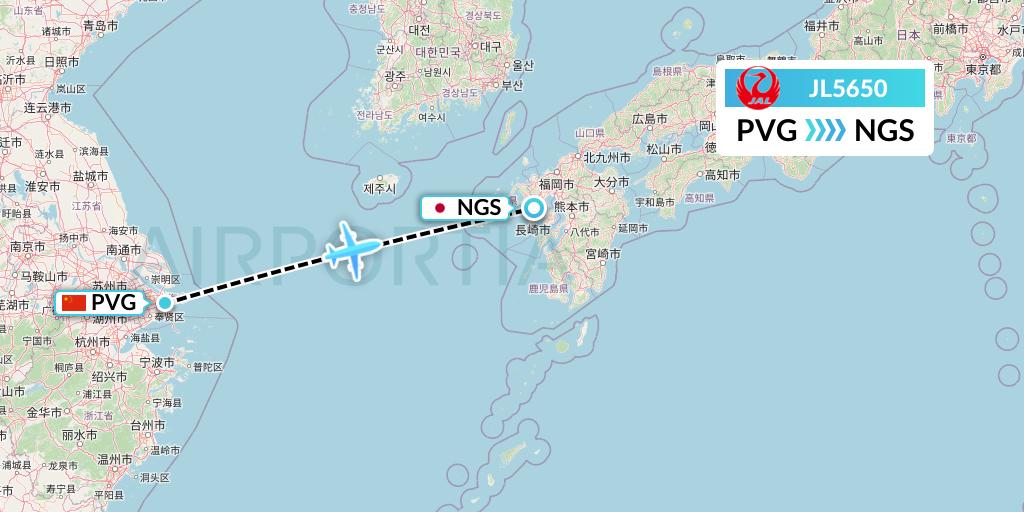 JL5650 Japan Airlines Flight Map: Shanghai to Nagasaki